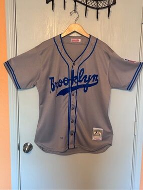 Brooklyn Dodgers Grey & Royal Blue Mens Baseball Jersey Mitchell & Ness
